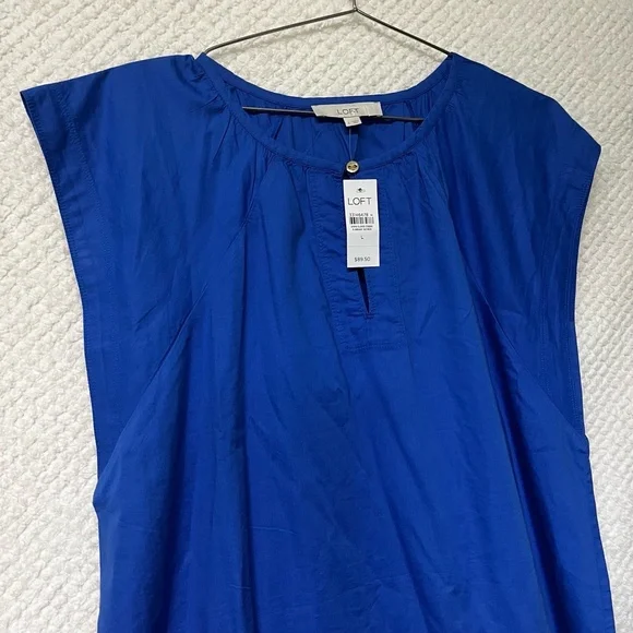 LOFT Royal Blue Flutter Sleeve Split Neck Swing Dress Large Cotton Blend NWT - Picture 4 of 11
